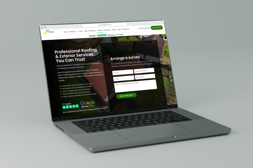 Eco Installations Scotland roofing page on a MacBook
