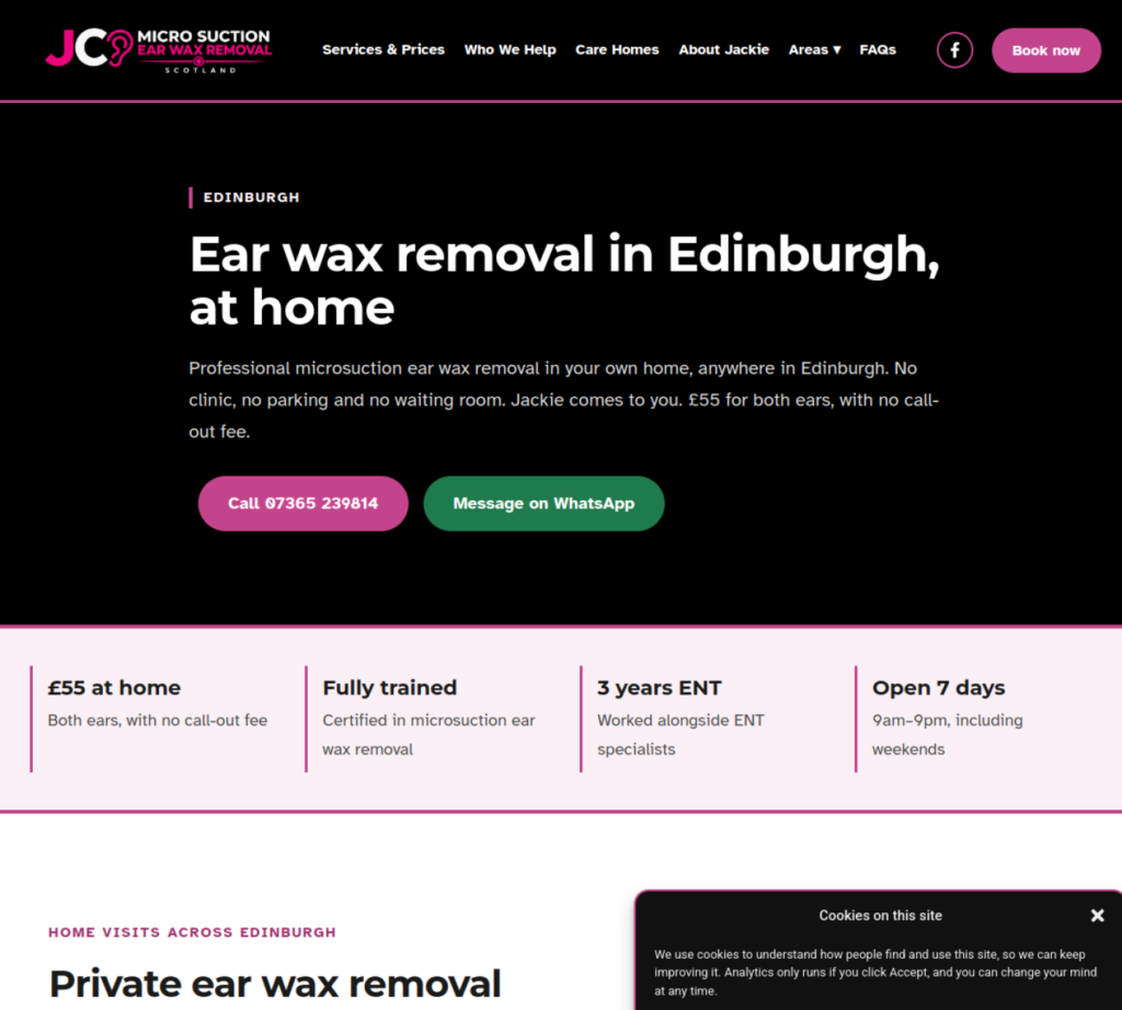 Edinburgh location page on jcearwaxremoval.co.uk, built for local SEO by Darroch Digital